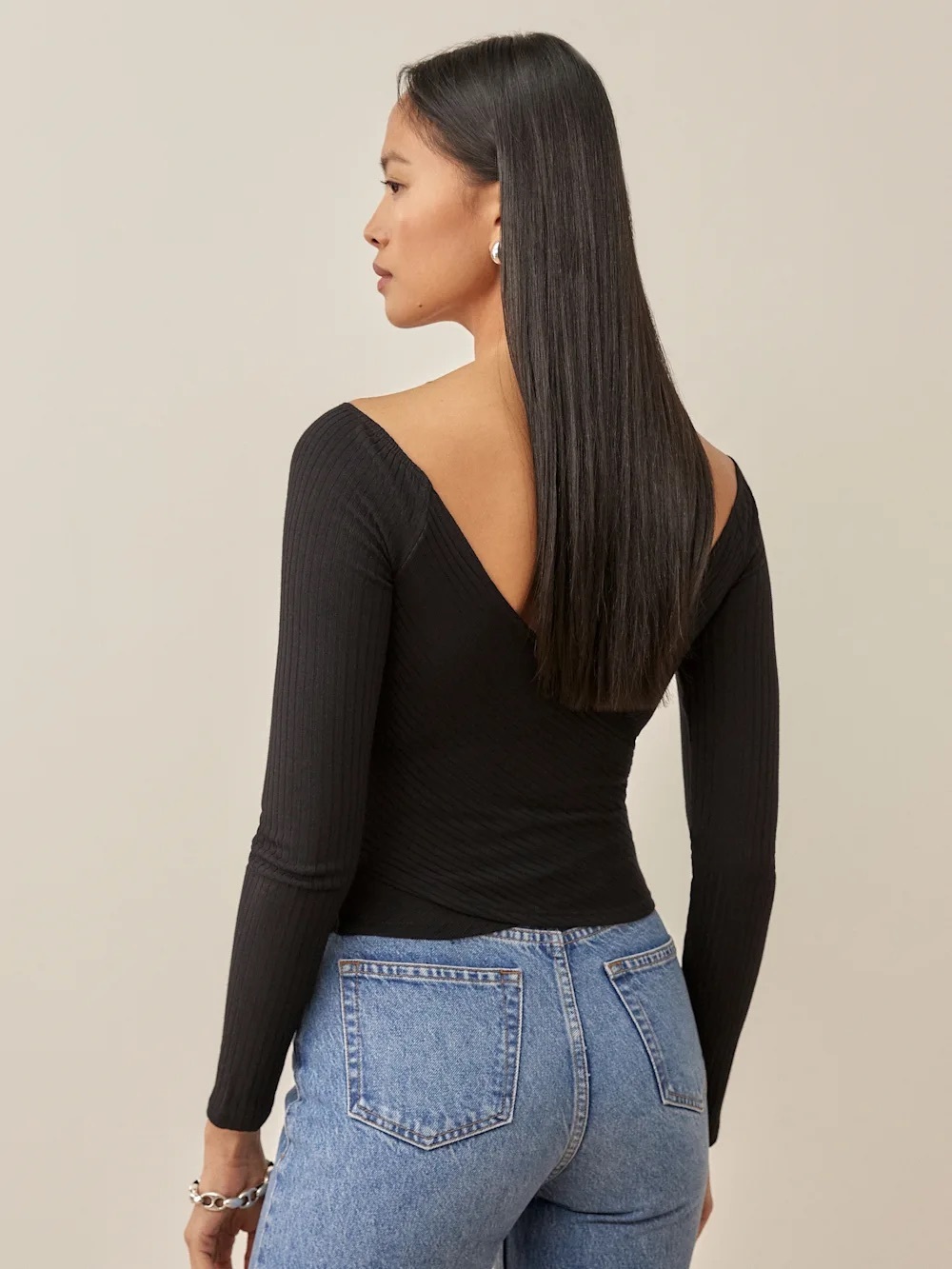 Reformation Black Ribbed Off-Shoulder Top - Picture 3 of 7